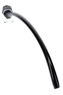 Black 17″ glass Gandalf pipe with extra-long curved stem, white-striped bowl, and clear glass feet