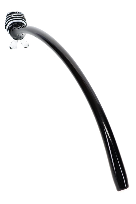 Black 17″ glass Gandalf pipe with extra-long curved stem, white-striped bowl, and clear glass feet