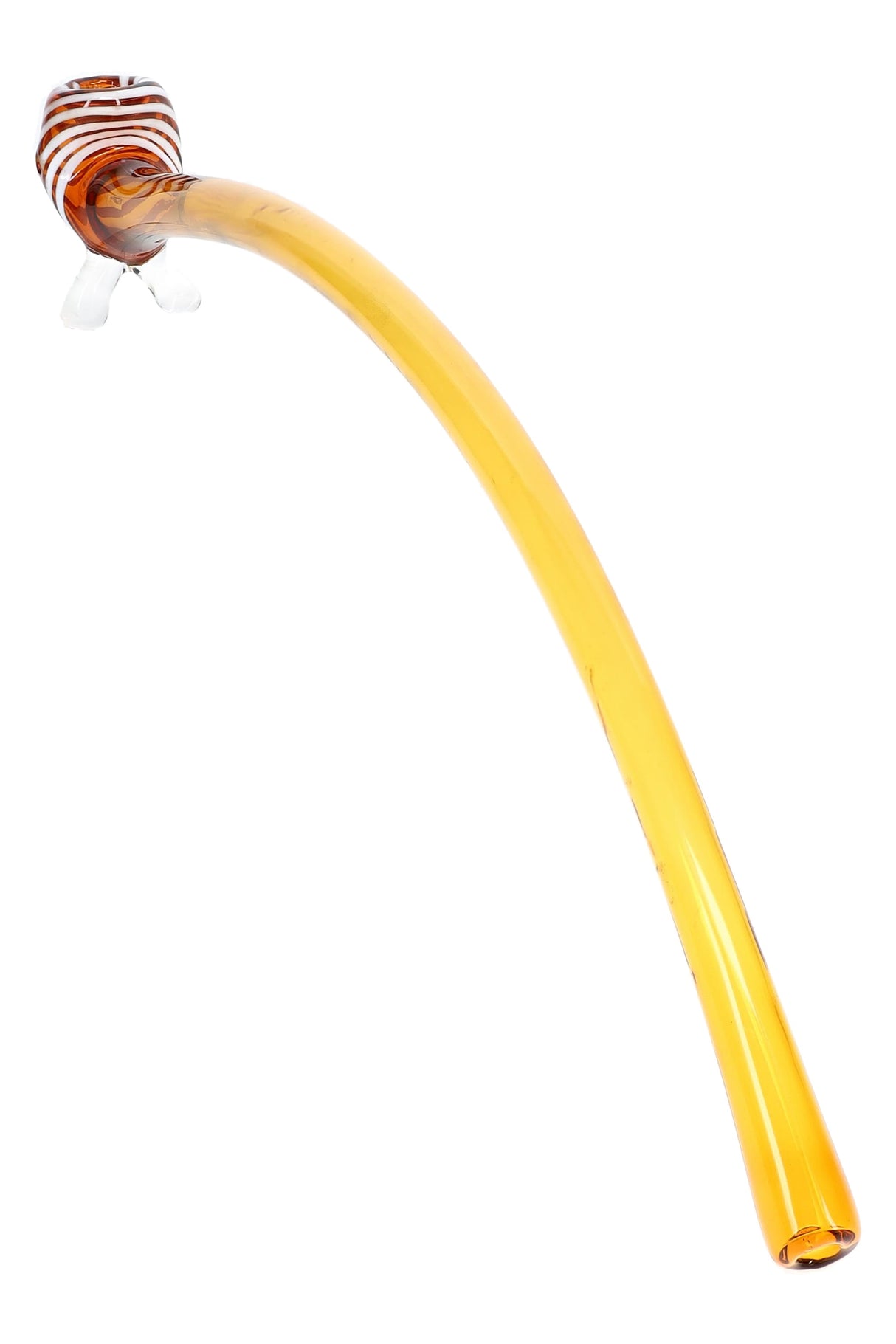 Amber 17″ glass Gandalf pipe with elongated curved stem, striped bowl, and clear glass feet