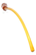 Amber 17″ glass Gandalf pipe with elongated curved stem, striped bowl, and clear glass feet