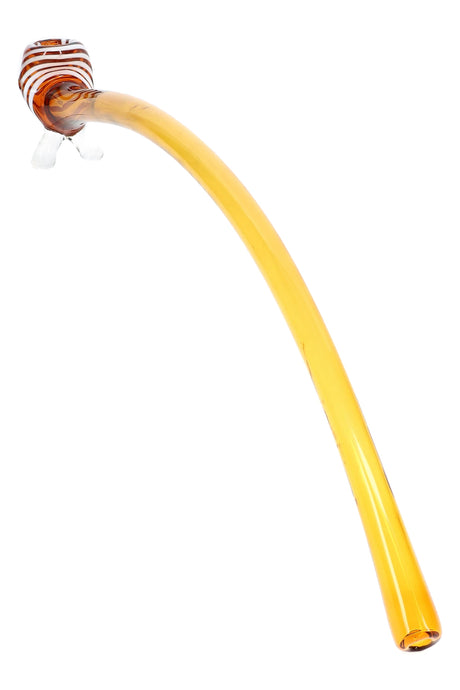 Amber 17″ glass Gandalf pipe with elongated curved stem, striped bowl, and clear glass feet