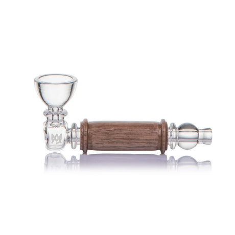 MJ Arsenal Creek dry herb hand pipe in side profile with clear borosilicate glass and walnut body