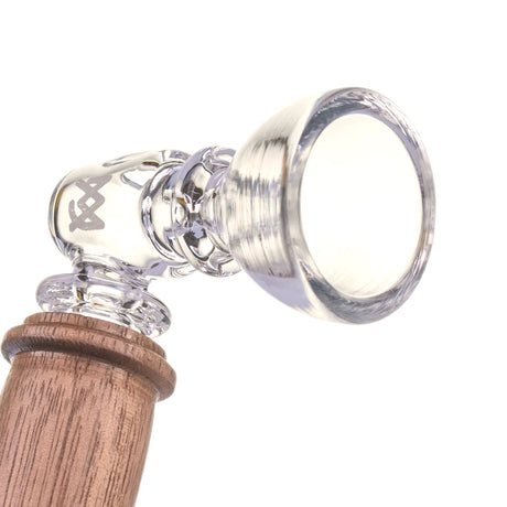 MJ Arsenal Creek hand pipe close-up showing thick clear glass bowl and black walnut body