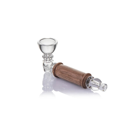 MJ Arsenal Creek dry herb hand pipe angled with clear glass bowl, walnut body, and glass mouthpiece