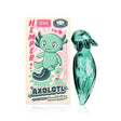 Green HEMPER Axolotl Glass Hand Pipe with sculpted limbs and a spotted tail beside its illustrated box