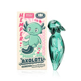 Green HEMPER Axolotl Glass Hand Pipe with sculpted limbs and a spotted tail beside its illustrated box