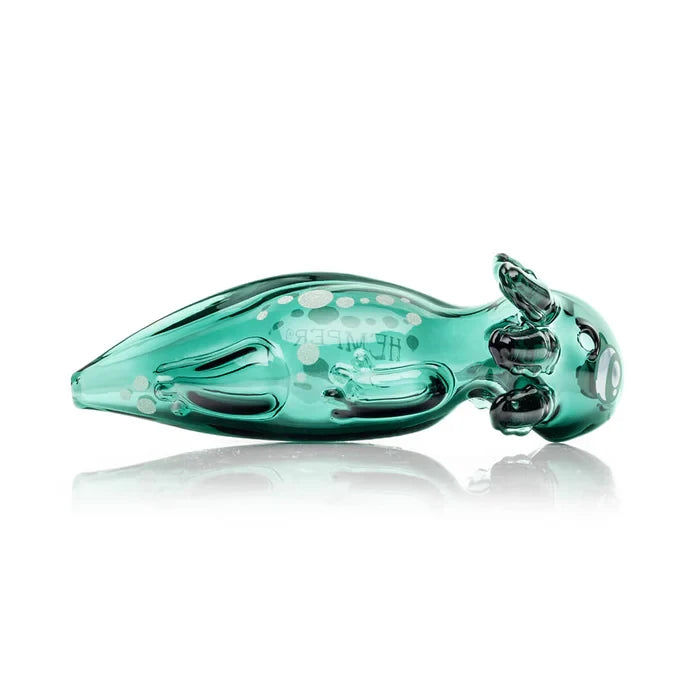 Opposite side of the HEMPER Axolotl Glass Hand Pipe showing the head carb, green gills, and tapered tail