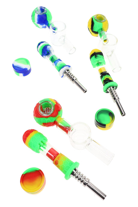 Assorted silicone glass dab straw hand pipe kits with metal tips, jars, and modular parts