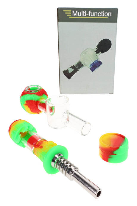 Red yellow green silicone glass dab straw kit with metal tip, hand pipe body, jar, and box