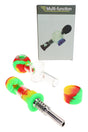 Red yellow green silicone glass dab straw kit with metal tip, hand pipe body, jar, and box