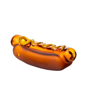 BigFun! Glizzy hot dog glass hand pipe angled to show the amber body, frosted bun sides and mustard swirl