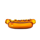 BigFun! Glizzy glass hand pipe in amber-orange hot dog styling with frosted bun and raised yellow mustard
