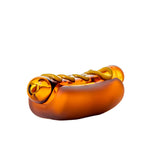 BigFun! Glizzy glass hand pipe angled from the end with frosted amber bun sides and raised yellow mustard