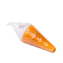 Side view of ice cream glass hand pipe with white swirl top, orange waffle cone texture, and mouthpiece tip