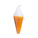 Upright ice cream glass hand pipe with white soft-serve top, orange cone texture, and small logo mark