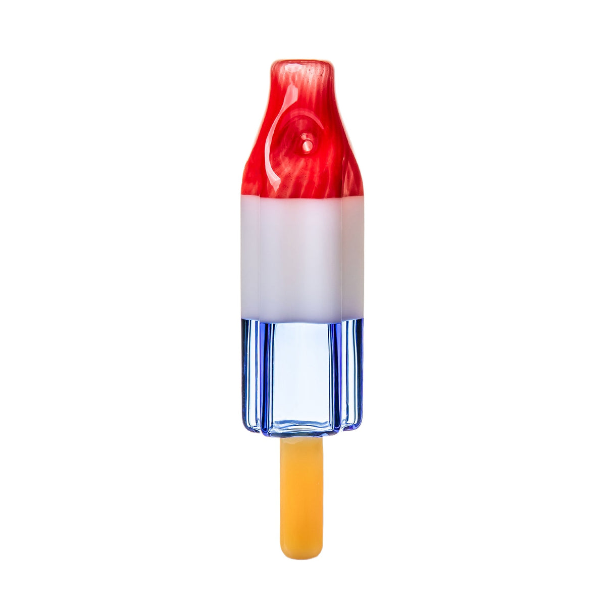 BigFun! Pipesicle glass hand pipe rear view showing red mouthpiece, left-side carb and blue glass base