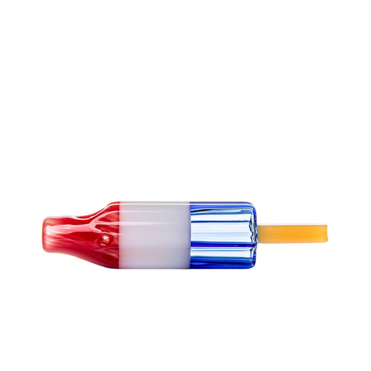 BigFun! Pipesicle glass hand pipe side profile with red mouthpiece, white center, blue base and yellow stick