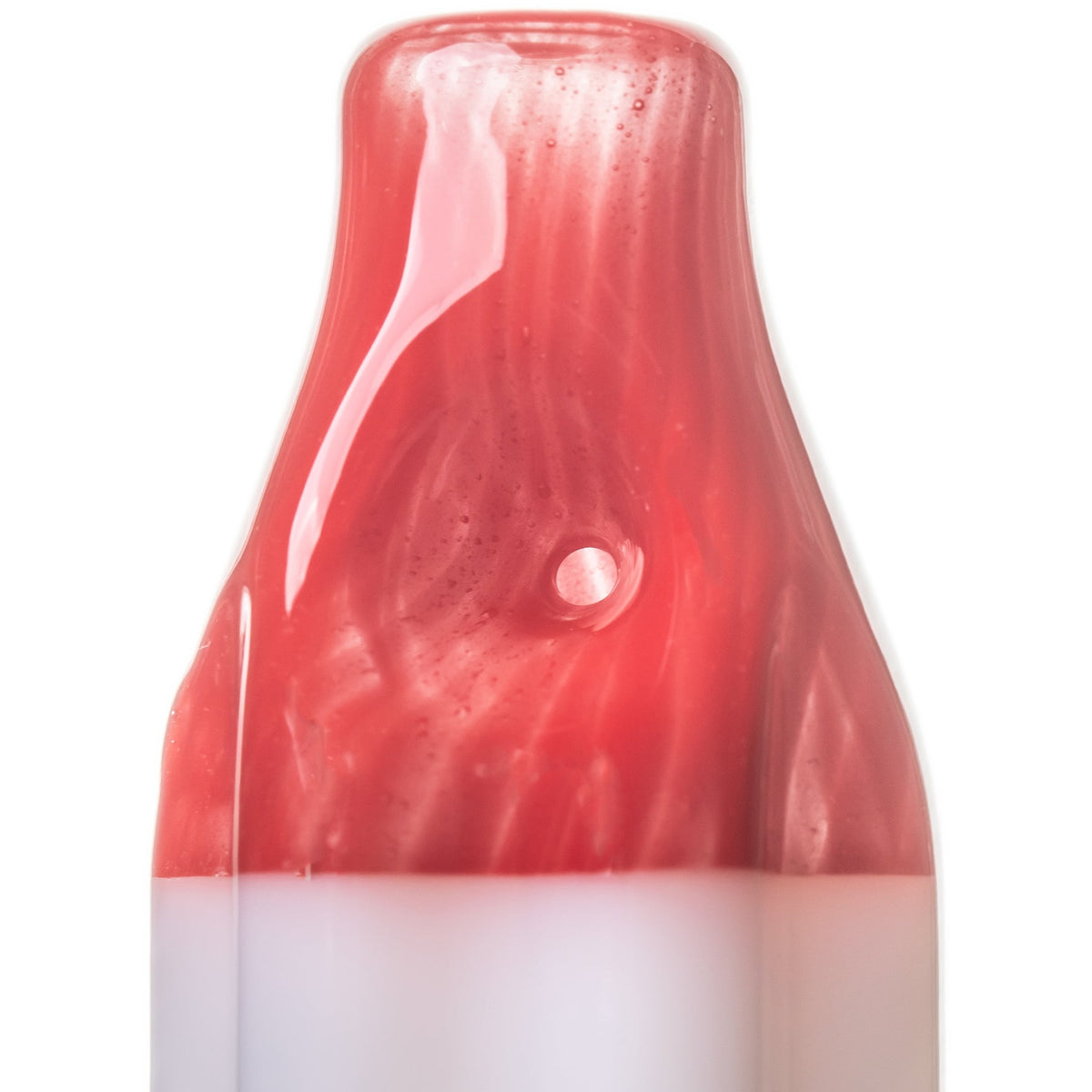 Close-up of BigFun! Pipesicle glass hand pipe red mouthpiece showing swirled glass and left-side carb hole