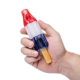 BigFun! Pipesicle glass hand pipe held in hand for scale with red, white, blue and yellow borosilicate glass
