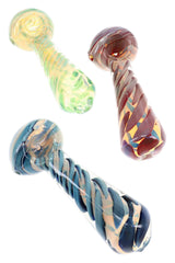 Assorted 4½″ silver-fumed glass hand pipes with spiral bubble stems, spoon bowls, and colorful patterns