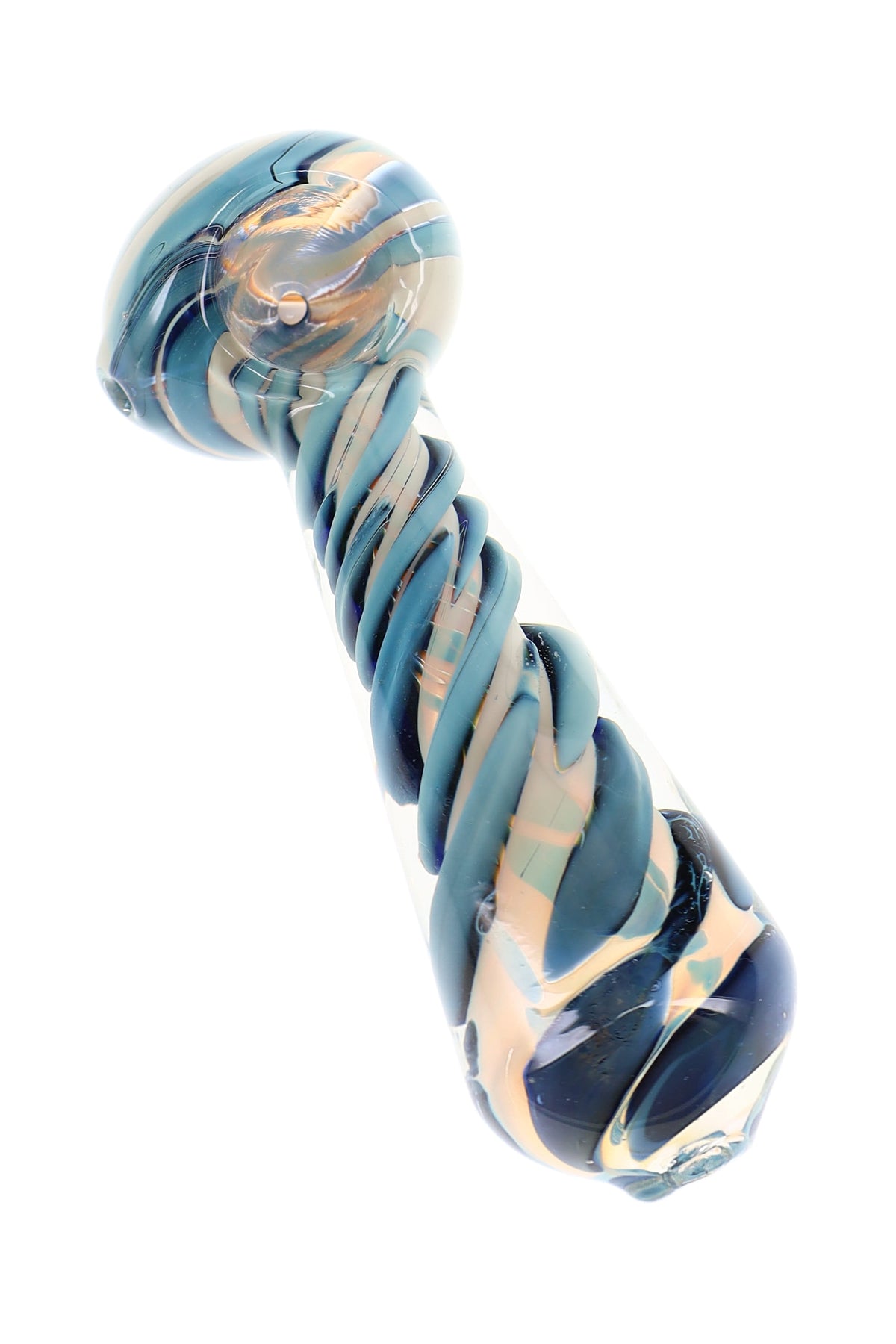 Blue silver-fumed glass hand pipe with spiral bubble stem, round spoon bowl, and color-changing finish