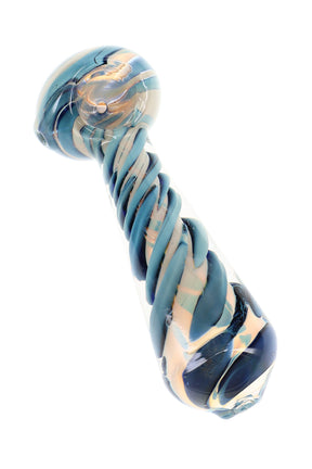 Blue silver-fumed glass hand pipe with spiral bubble stem, round spoon bowl, and color-changing finish