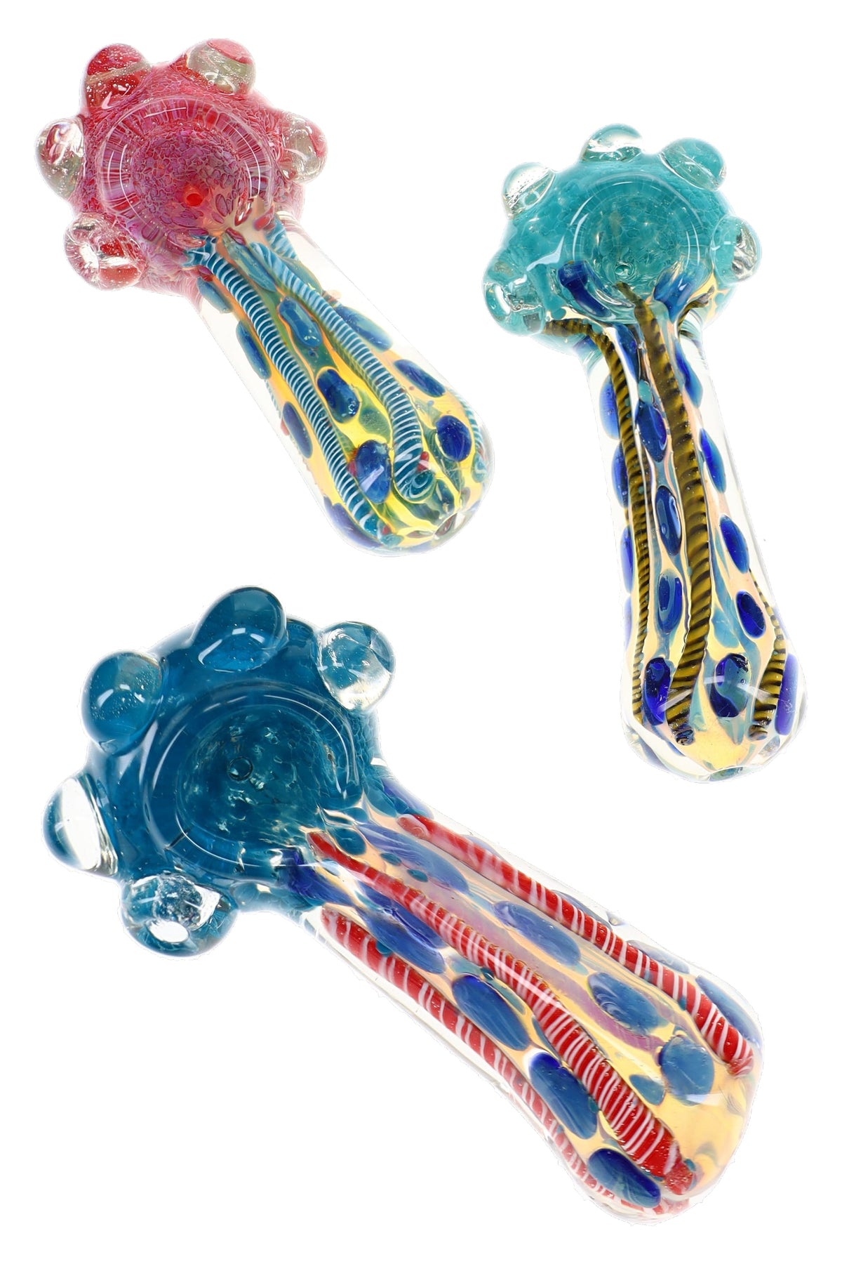 Assorted 4½″ color-changing glass hand pipes with bubble frit bowls, raised marbles, striped stems, and spoon bodies