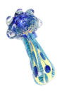Blue color-changing glass hand pipe with frit bowl, raised clear marbles, striped stem, and spoon shape