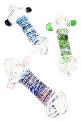 Assorted 5″ clear glass hand pipes with painted color stems, colored marbles, pointed bowls, and spoon bodies