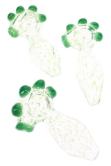 Three clear 4″ glass hand pipes with green dot accents, raised marble grips, spoon bowls, and rounded stems