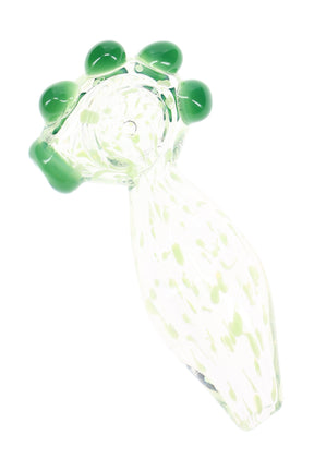 Clear 4″ glass hand pipe with pale green dot pattern, raised green marbles, round spoon bowl, and flat mouthpiece