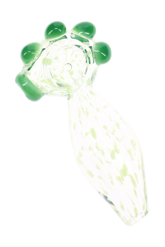 Clear 4″ glass hand pipe with pale green dot pattern, raised green marbles, round spoon bowl, and flat mouthpiece