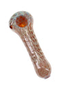 Orange-toned silver-fumed glass hand pipe with bubble-dot pattern, round spoon bowl, carb hole, and clear body