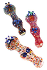 Assorted 5″ color-changing frit glass hand pipes with bug-eye critters, raised marbles, and spoon bowls