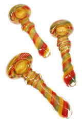 Assorted 5″ color-changing glass hand pipes with Rasta spiral stripes, twisted bodies, and round spoon bowls