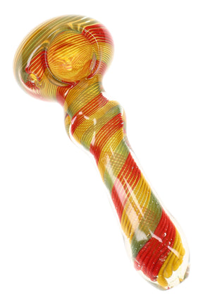 Color-changing Rasta glass hand pipe with red, yellow, and green spiral stripes, spoon bowl, and twisted stem