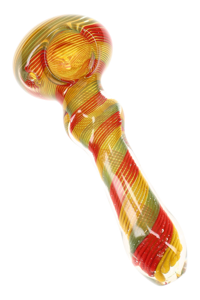 Color-changing Rasta glass hand pipe with red, yellow, and green spiral stripes, spoon bowl, and twisted stem