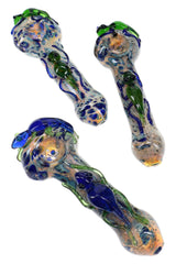 Assorted 5″ critter glass hand pipes with blue-green sculpted bugs, silver-fumed bodies, and spoon bowls