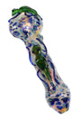 Silver-fumed critter glass hand pipe with blue frit accents, green raised bug detail, round bowl, and spoon stem