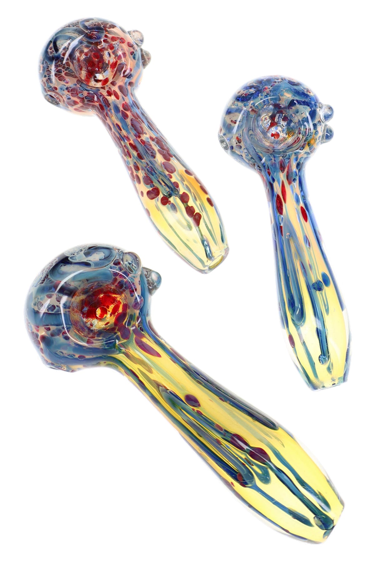 Assorted 4½″ color-changing glass hand pipes with fumed frit, squiggle stripes, raised marbles, and spoon bowls