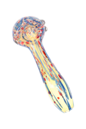 Color-changing fumed frit glass hand pipe with red and blue squiggle accents, raised marbles, and long spoon stem