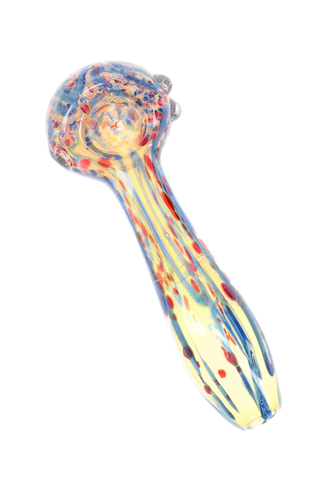 Color-changing fumed frit glass hand pipe with red and blue squiggle accents, raised marbles, and long spoon stem