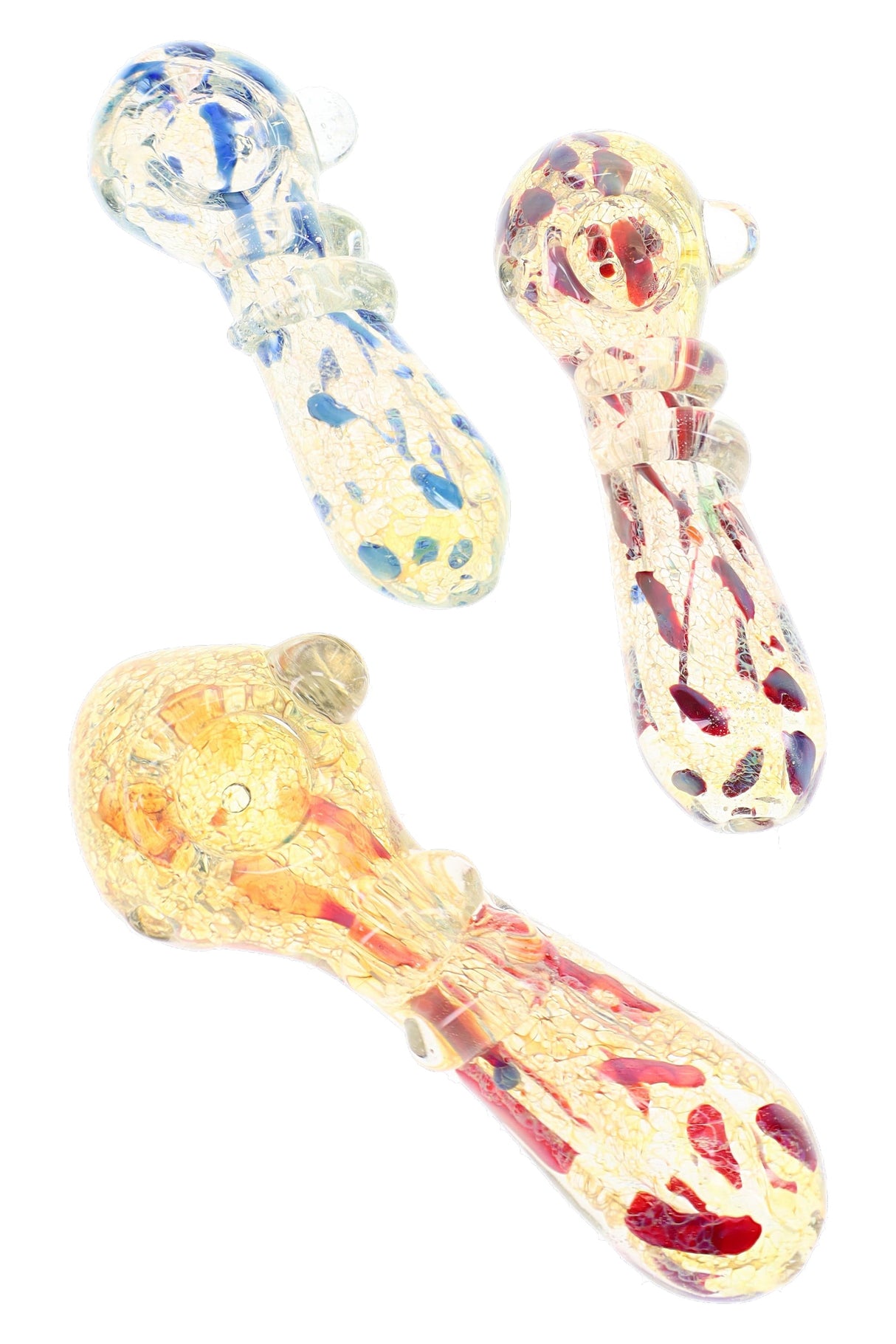 Assorted 5″ silver-fumed glass hand pipes with colorful dotted accents, raised marbles, and wrapped necks
