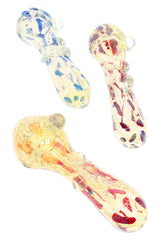 Assorted 5″ silver-fumed glass hand pipes with colorful dotted accents, raised marbles, and wrapped necks