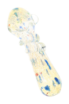 Silver-fumed glass hand pipe with blue dot accents, raised glass marbles, wrapped neck, and spoon bowl