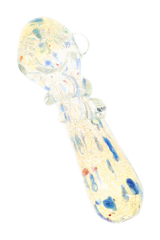 Silver-fumed glass hand pipe with blue dot accents, raised glass marbles, wrapped neck, and spoon bowl
