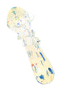 Silver-fumed glass hand pipe with blue dot accents, raised glass marbles, wrapped neck, and spoon bowl