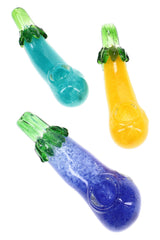 Assorted 5½″ eggplant glass hand pipes with colorful frit bodies, green leafy accents, and spoon bowls