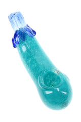 Aqua eggplant glass hand pipe with blue leafy accents, frit body, round spoon bowl, and compact 5½″ shape