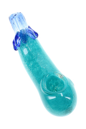 Aqua eggplant glass hand pipe with blue leafy accents, frit body, round spoon bowl, and compact 5½″ shape